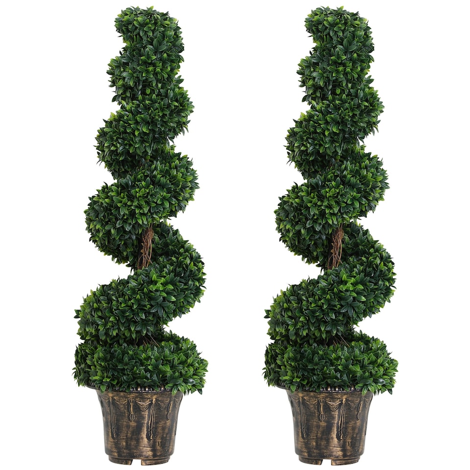image 1 of Outsunny 2 Pack Artificial Boxwood Spiral Tree Decorative Plant w/ Pot