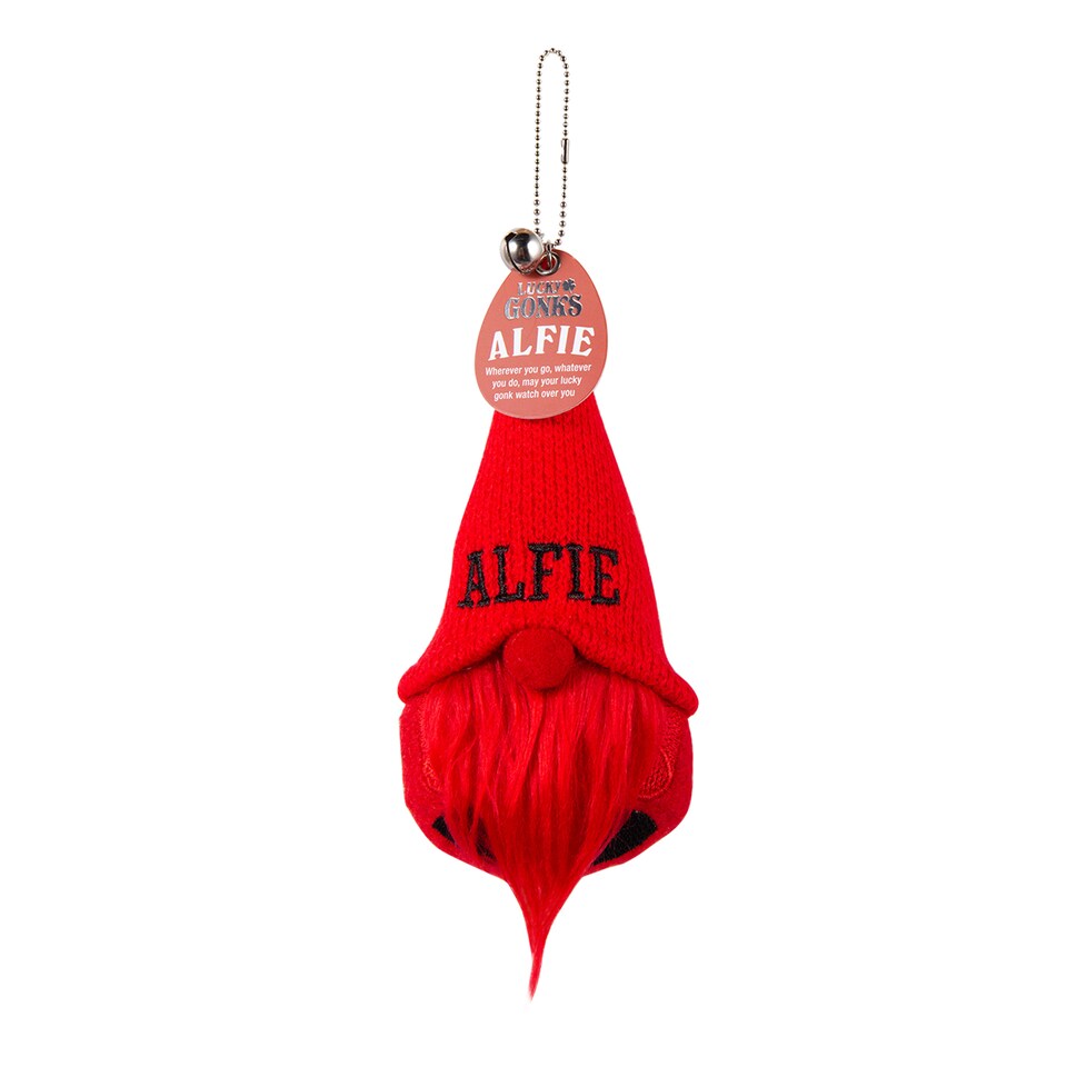 image 1 of Pre-personalised Lucky Gonk Mascot Keyring For Bag Or Backpack - Alfie - 136 Names and Themes Available | Red