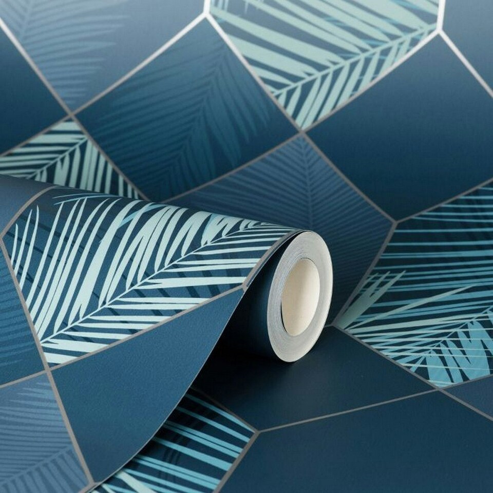 image 1 of Fine Decor Miami Geometric Leaf Wallpaper - Navy/Silver - One Size Blue