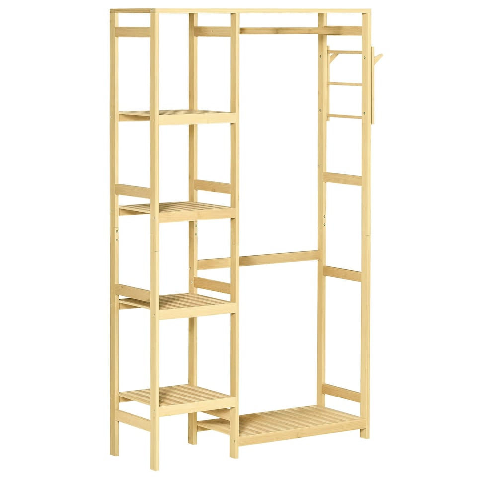 image 1 of HOMCOM Bamboo Coat Rack w/ Hooks Hanging Rail and Storage Shelf for Entryway