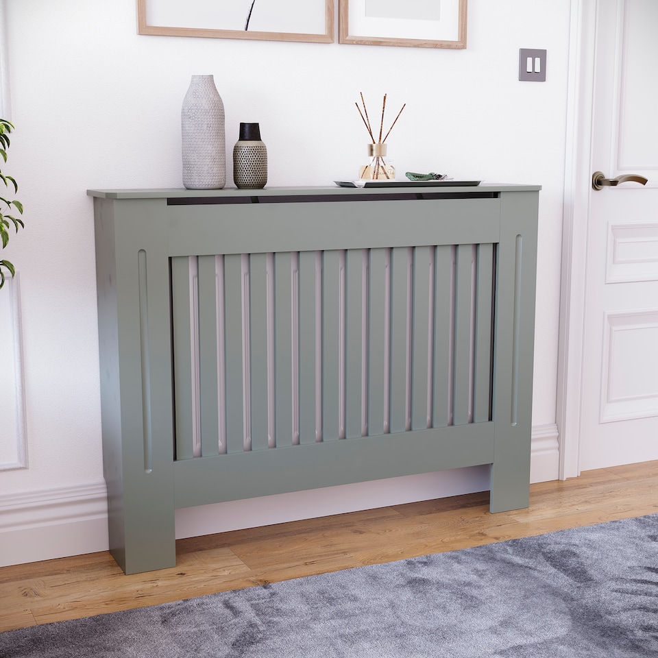 image 1 of Vida Designs Chelsea Radiator Cover Painted MDF Slatted Cabinet, Grey, 112cm
