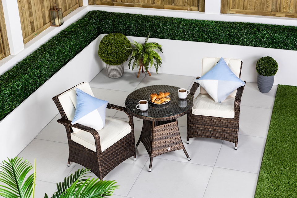 image 1 of Arizona Round Rattan Garden Bistro Table and Chairs Set 2 Seater | Brown | Brown