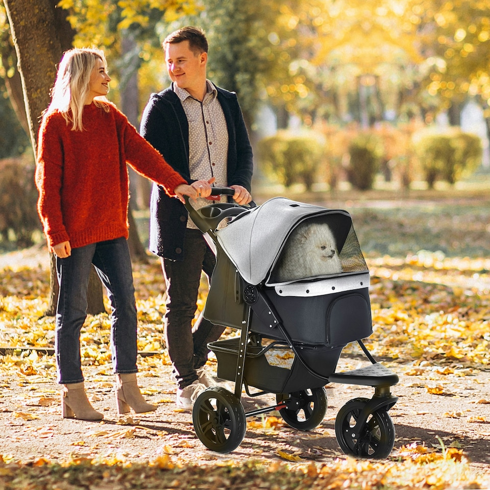 image 1 of PawHut Folding 3 Wheel Pet Stroller Travel Adjustable Canopy Storage Brake Grey