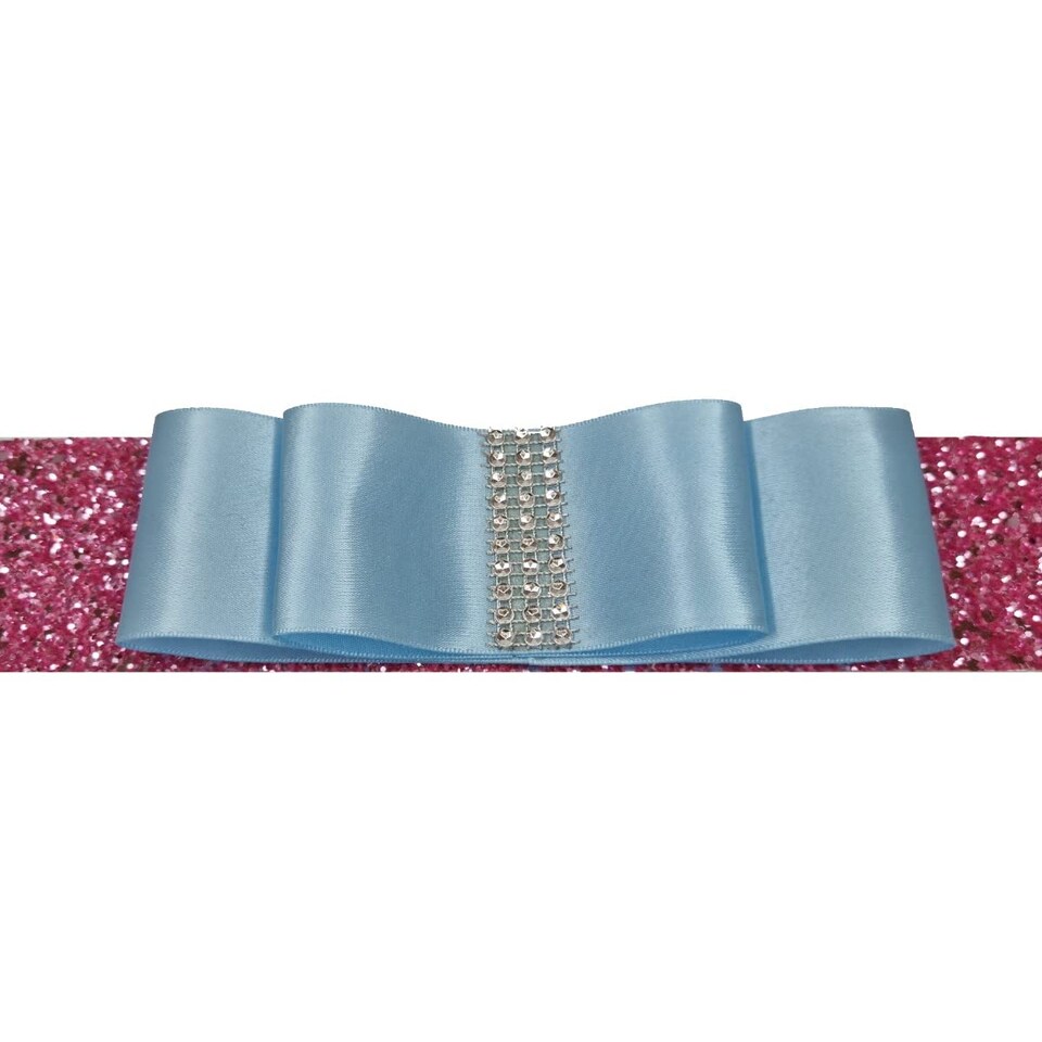 image 1 of FURNISHED Blackout Roller Blind with Pink Glitter Trim and Duck Egg Bow Trimmable Window Shade | Blue | Duck Egg Blue | (W) 180cm x (L) 165cm