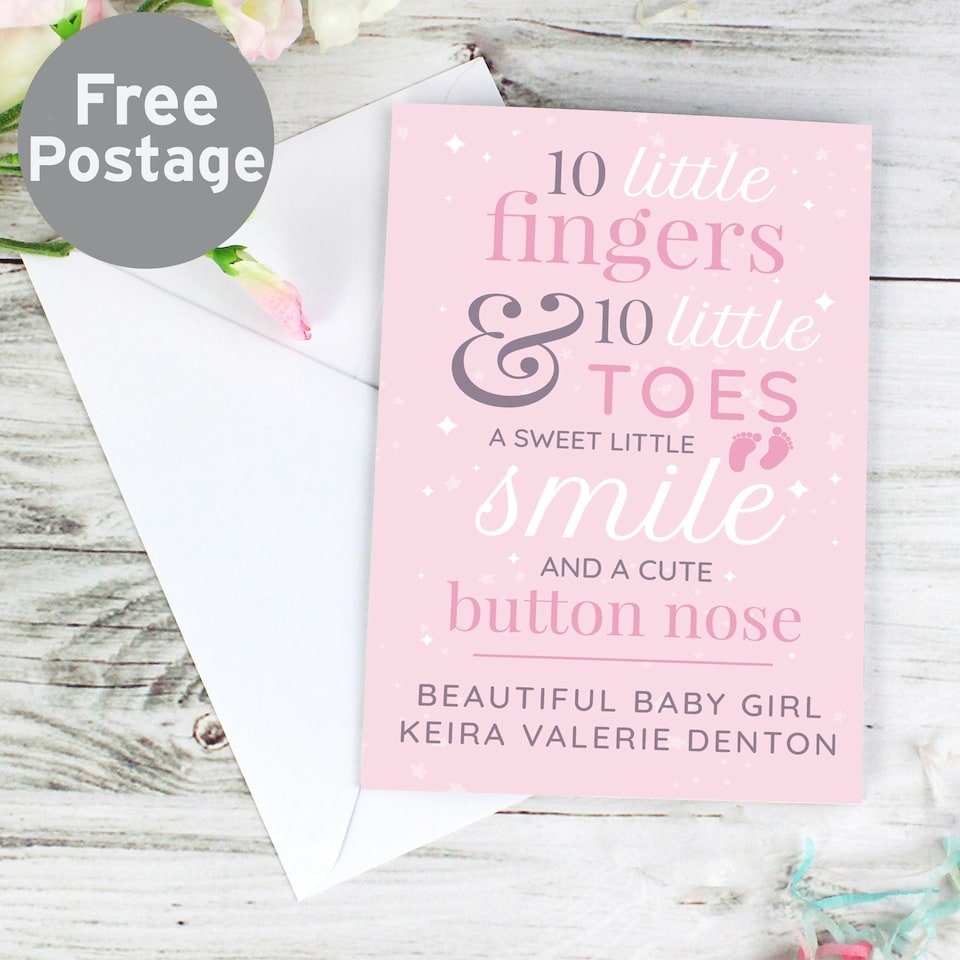 image 1 of Personalised '10 Little Fingers' Pink Baby Card