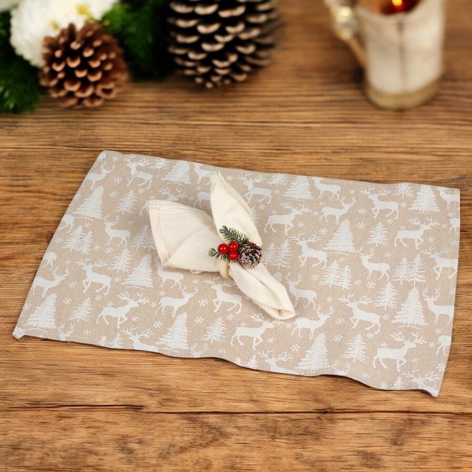 image 1 of 12 Pcs Washable Christmas Placemat & Napkin Ring Set Festive Acorn Berries Decor | Multi | White Reindeer