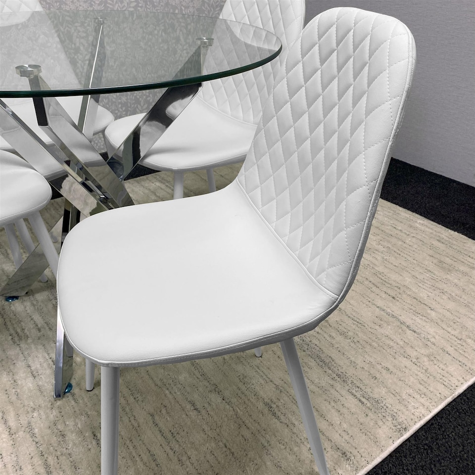 image 1 of Round Glass Dining Table with 4 White Faux Leather Kitchen Chairs