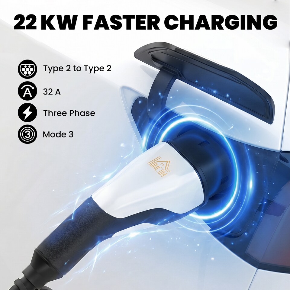image 1 of HOMCOM Type 2 EV Charging Cable, 22kW, 32A, Mode 3, 3-Phase, 10m