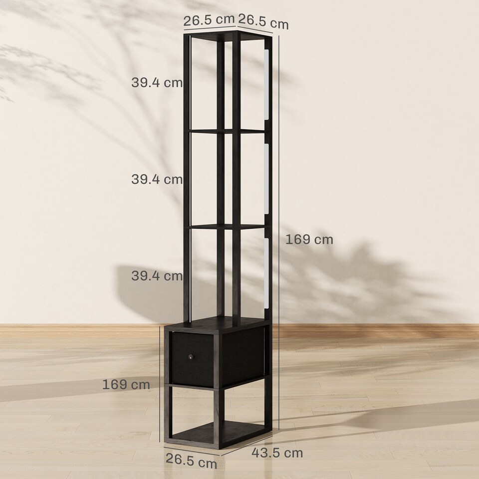 image 1 of HOMCOM Floor Lamp with Shelves, LED Column Modern Standing Lamp with Fabric Drawer, Adjustable Brightness, Foot Switch for Living Room, Bedroom, Office, Black | Black