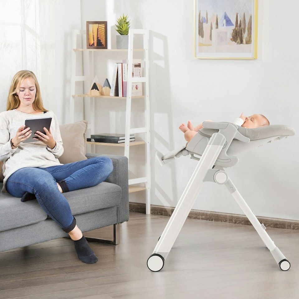 image 1 of COSTWAY Foldable Baby High Chair Convertible Chair Light Grey