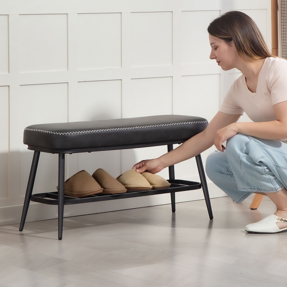 image 1 of HOMCOM Shoe Bench, PU Leather Shoe Storage Bench for Entryway, Charcoal Grey | Grey | Charcoal grey