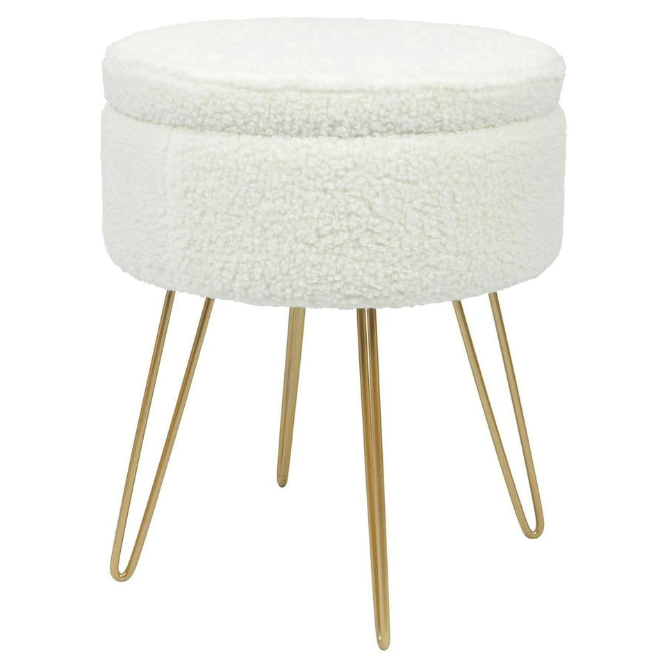 image 1 of Harbour Housewares Cream Boucle Storage Footstool Round Ottoman With Gold Base H46 x D37cm Warm Storage Neutral Statement Yellow