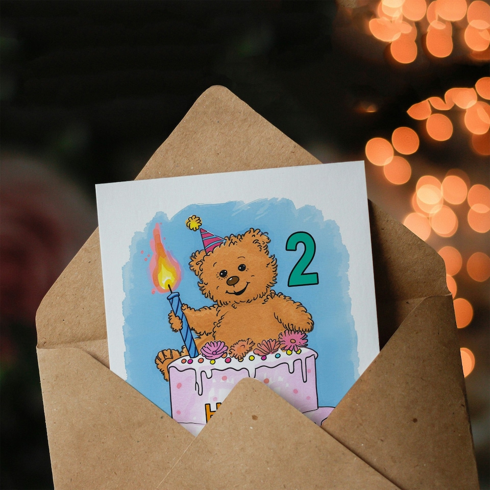 image 1 of Teddy Bear Cake Party Hat Cartoon Cute 2nd 2 Year Old Birthday Card