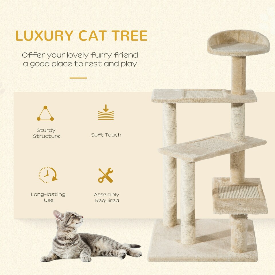 image 1 of PawHut 100cm Cat Tree Indoor Kitten Scratching Post Activity Centre Beige
