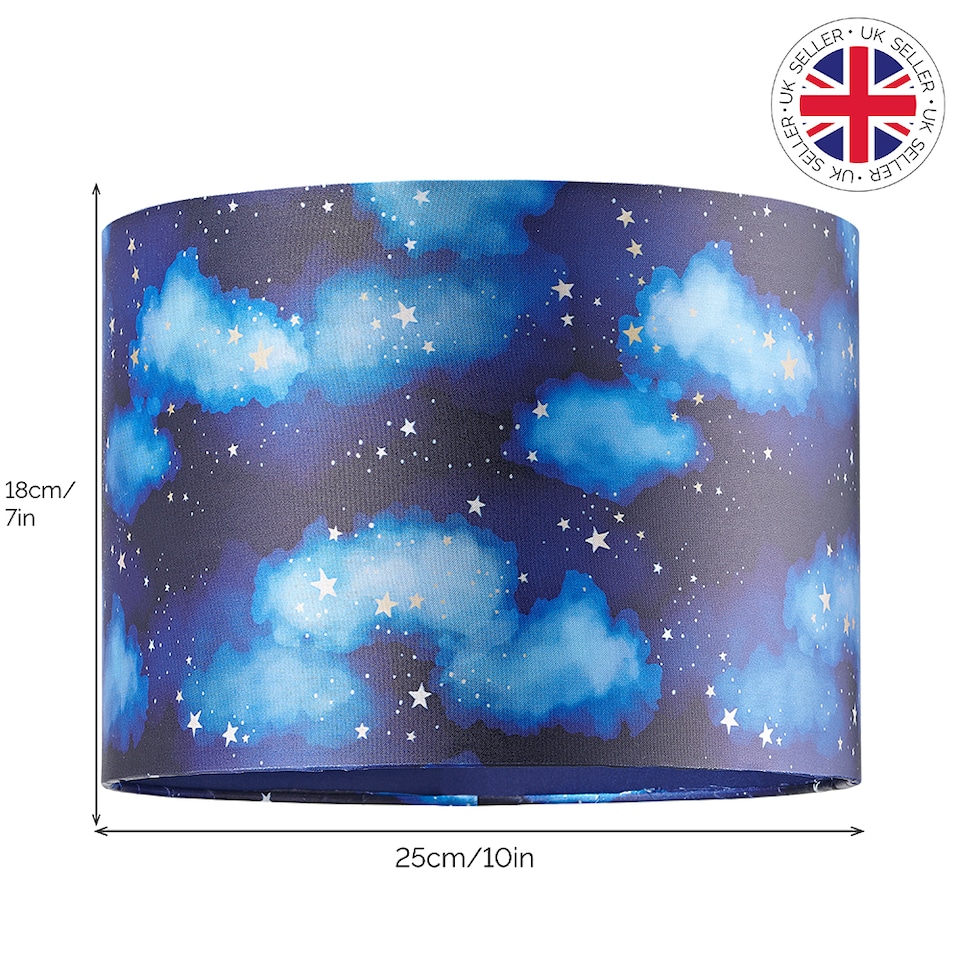 image 1 of Modern Navy Blue Childrens Lamp Shade with Bright Gold Stars and White Clouds | Blue | 10"