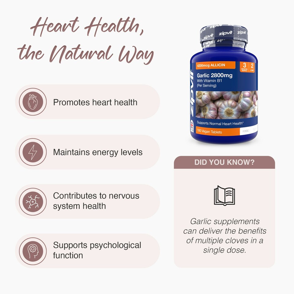 image 1 of Zipvit Garlic 2800mg – Heart & Energy Support with B1, Alliin & Allicin, 180 Vegan Tablets, 3-Month Supply