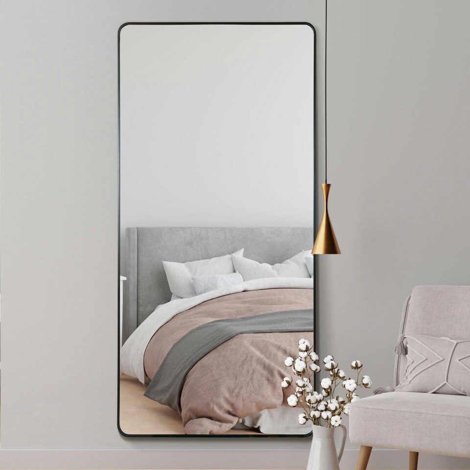 image 1 of The Angulis - Black Aluminium curved Edge Wall Leaner Mirror 68"x33" (174X85CM) Black