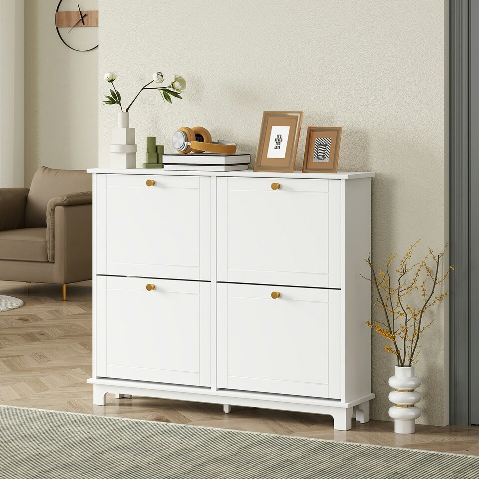 image 1 of HOMCOM Narrow Shoe Cabinet with 4 Flip Drawers Adjustable Shelves White | Gold | 119.5W x 23.5D x 87H cm