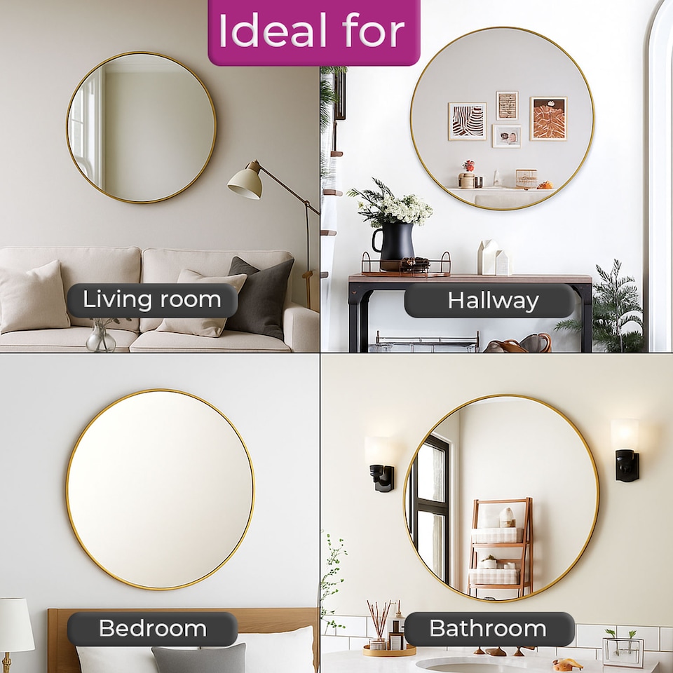 image 1 of Neo 60cm Gold Round Metal Frame Wall Mirror Float Glass HD Reflection Anti Rust Moisture Proof Wall Mounted Bathroom Bedroom Hallway Living Room Vanity | Gold | Gold
