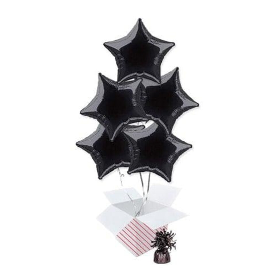 Black Star Foil Helium Balloon Bouquet - 5 Inflated Balloons In A Box Black