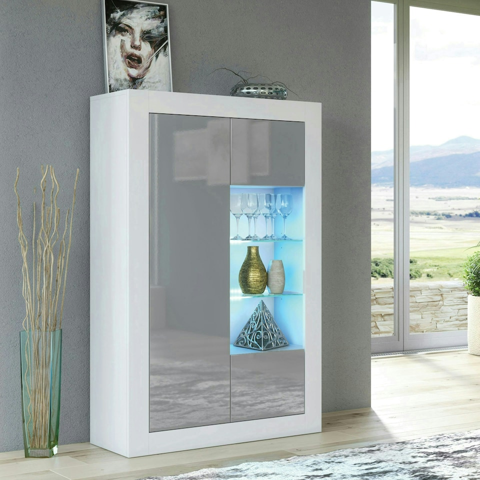image 1 of Display Cabinet 93cm Grey Gloss Doors White Matt Body Free LED White | Grey