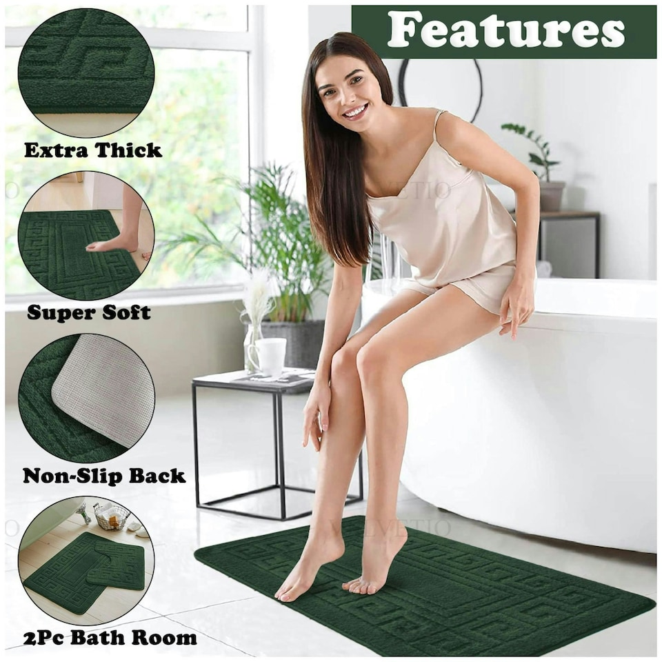 image 1 of VELVETIO Greek Bath Mat & Pedestal Mat Water Absorbent Non Slip Toilet Rugs Green | Dark Green