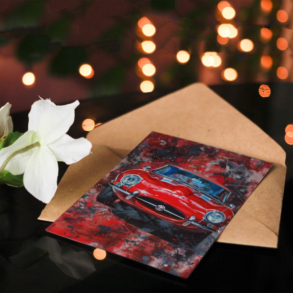 image 1 of Red Iconic Sports Car Modern Abstract Painting Father's Day Card