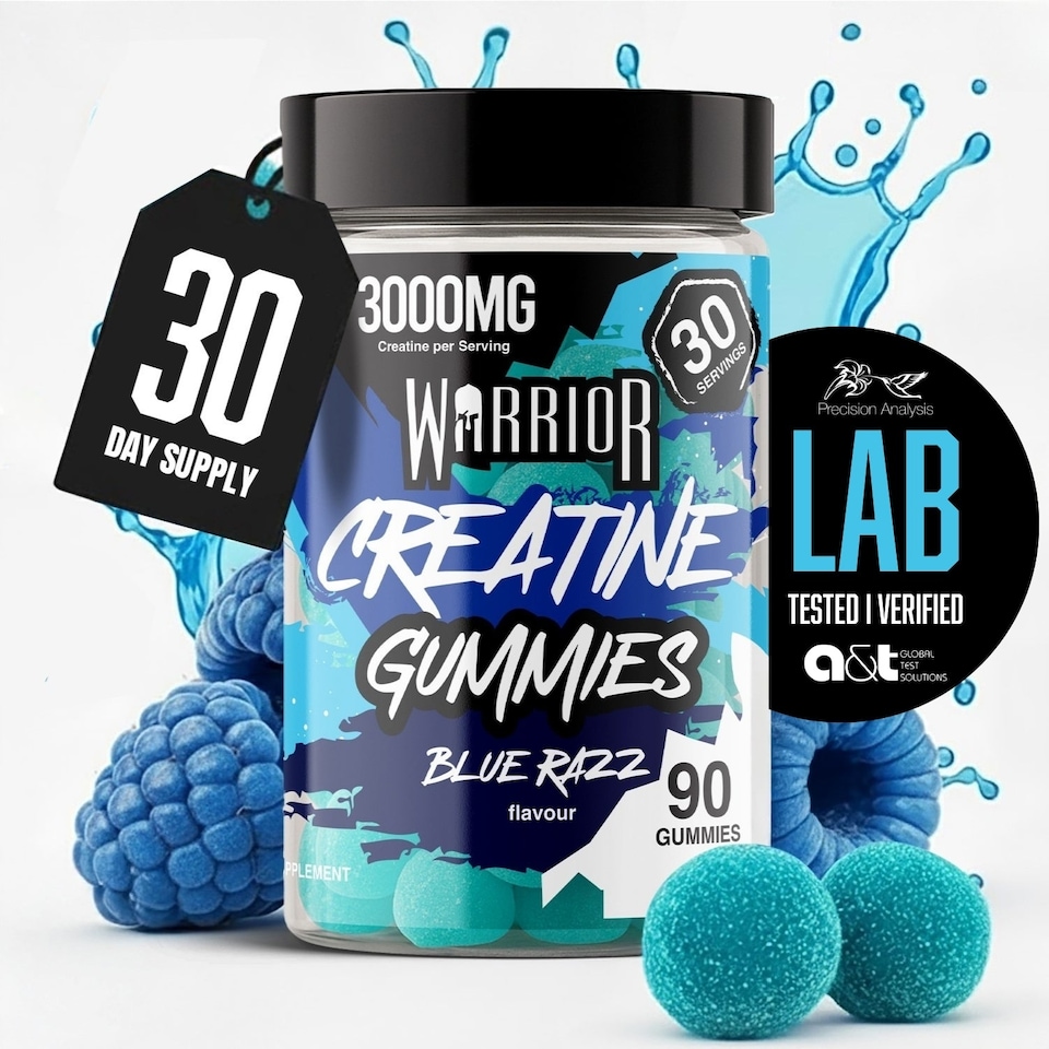image 1 of Warrior Creatine Monohydrate Gummies – 3000mg Creatine per Serving, Chewable & No-Mix – Blue Razz, 90 Gummies (30 Servings)
