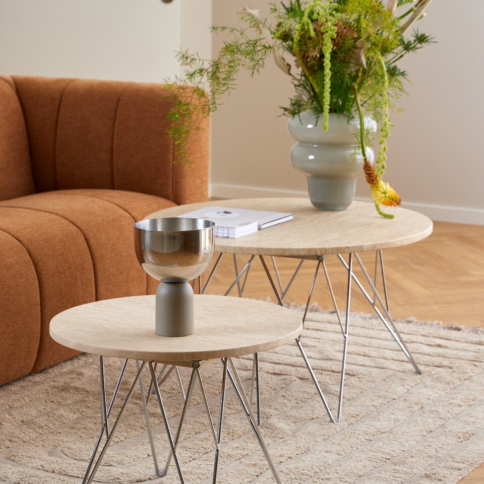 image 1 of Prunus Round Coffee Table in Matt Beige and Chrome Steel Base 80x46.4cm