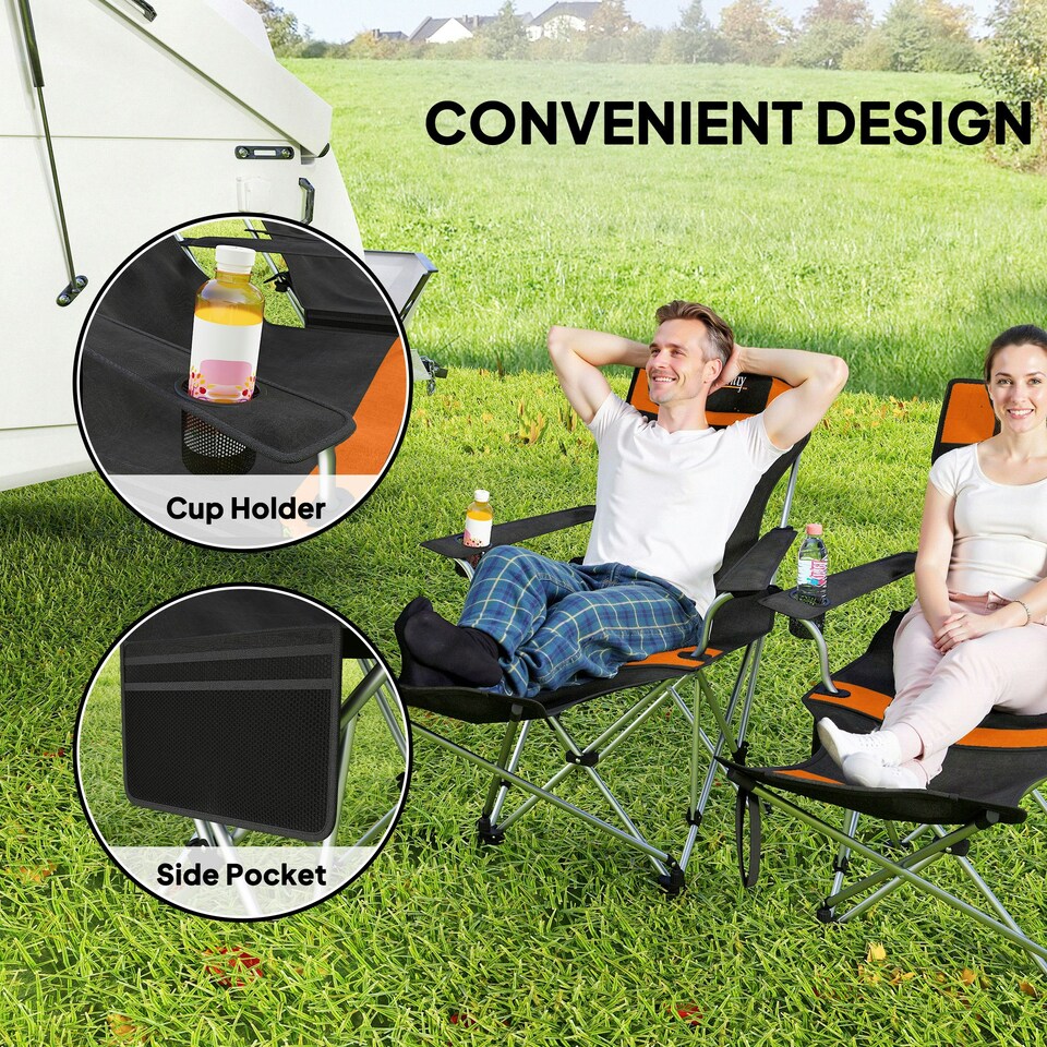 image 1 of Outsunny Set of 2 Reclining Camping Chairs Orange | Orange and Black