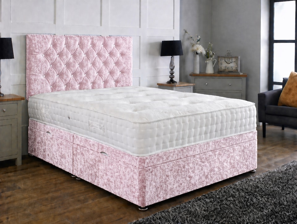 image 1 of Side Lift Crushed Velvet Pink Ottoman Bed Set 5ft Kingsize