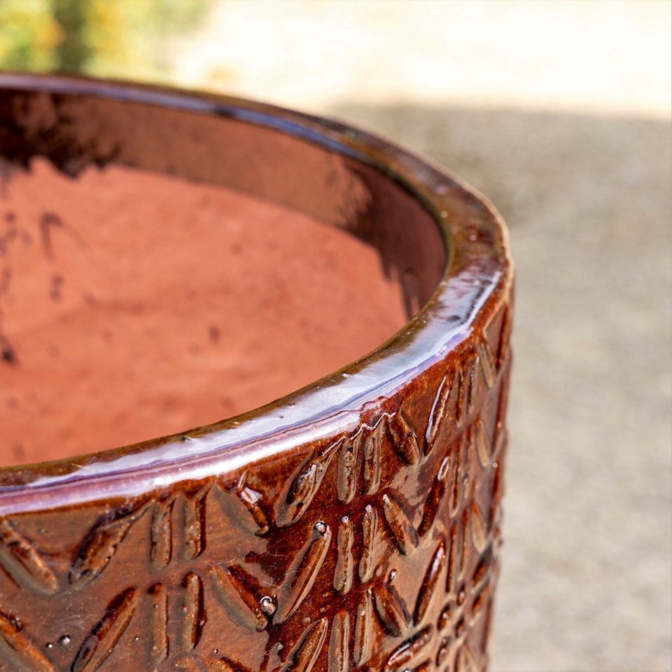 image 1 of Primrose Textured Glazed Terracotta Planter In Glossy Coffee Brown 63cm