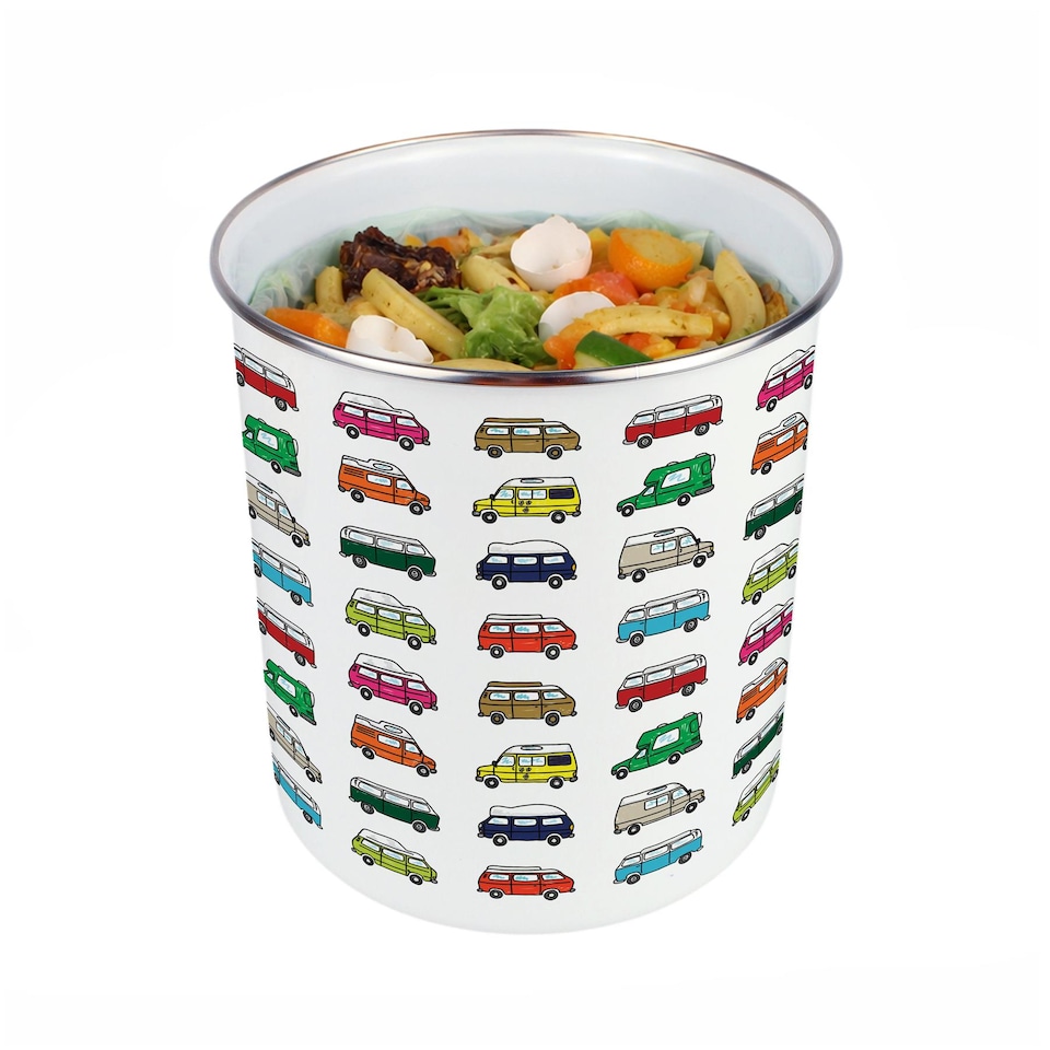 image 1 of Campervan Print Food Waste Caddy - Metal 2L Decorative Kitchen Compost Bin