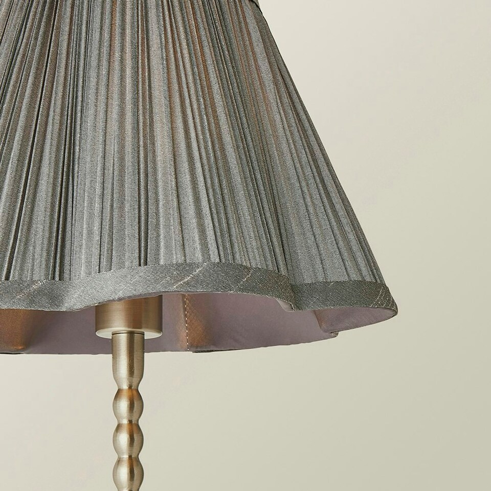 image 1 of ValueLights Maeve Dark Grey Pleat Faux Silk Scallop Shade Chrome Bobbin Table Lamp with Bulb Silver