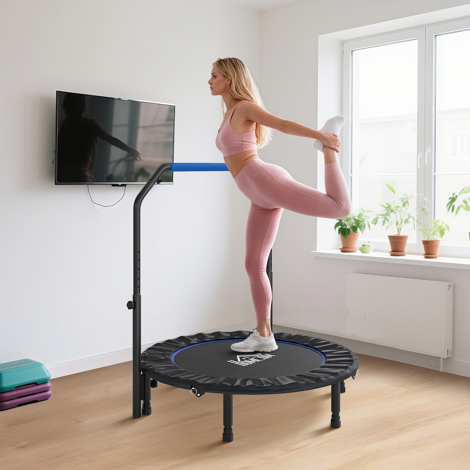 image 1 of HOMCOM 45" Foldable Mini Trampoline Fitness Trampoline Rebounder for Adults with Adjustable Foam Handle, for Indoors, Outdoors, Cardio Training, Blue | Blue