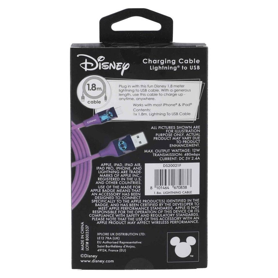 image 1 of Stitch 6ft USB-A To Lightning Braided Charging Cable Blue Face