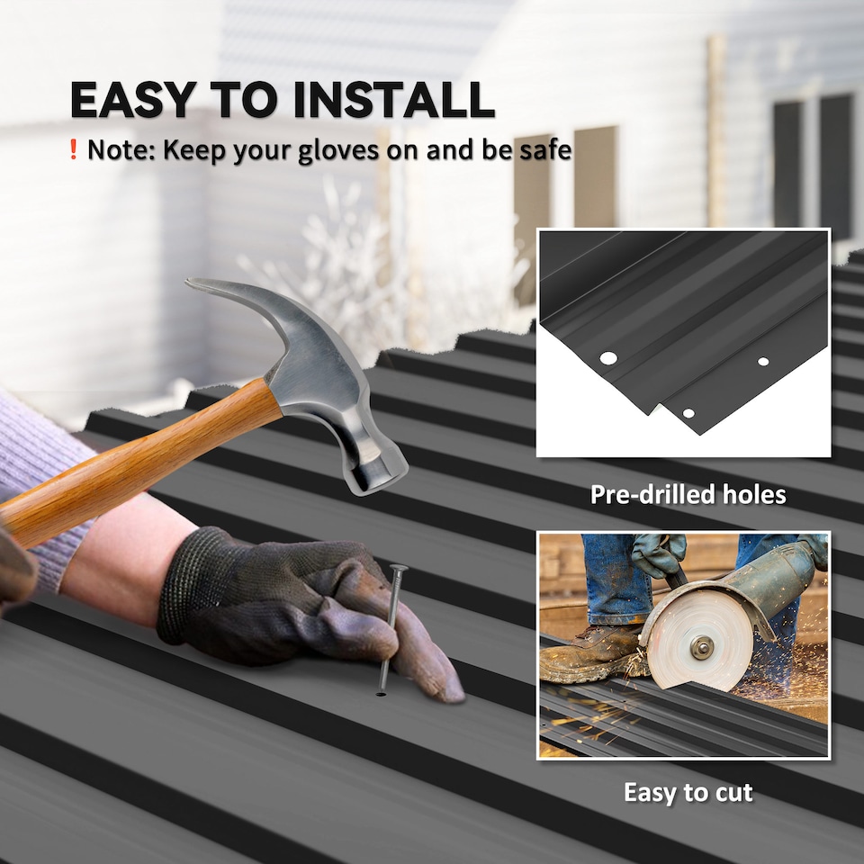 image 1 of Outsunny Corrugated Roofing Sheets, Pack of 12, Galvanised Metal Roofing Sheets for Greenhouse, Garage, Storage Shed, Carport, 129 x 45cm, Black | Black | 129L x 45Wcm