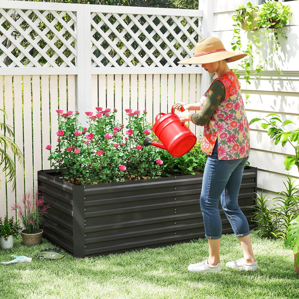 image 1 of Outsunny Raised Beds for Garden, Galvanised Steel Outdoor Planters with Multi-reinforced Rods for Vegetables, Plants, Flowers and Herbs, 180 x 90 x 59 cm, Black | Black