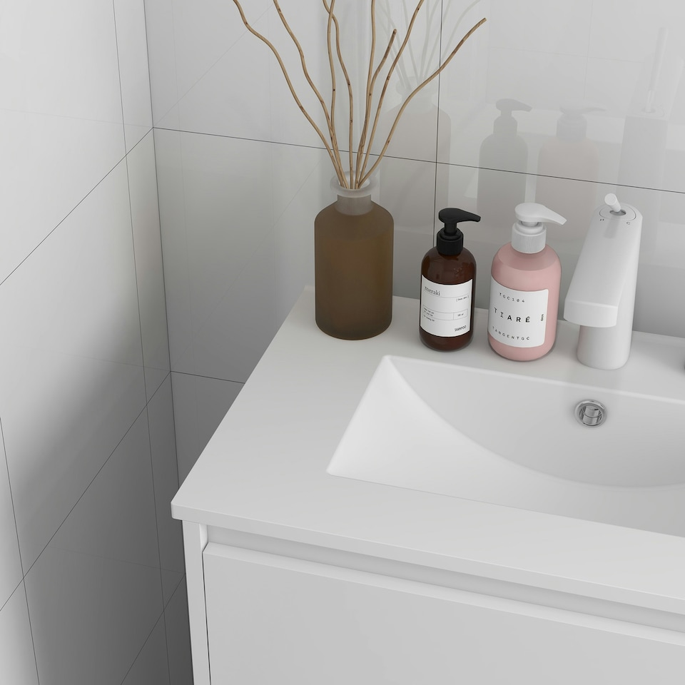 image 1 of kleankin 600mm Bathroom Vanity Unit w/ 1 Tap Hole Basin Drawers Gloss White White | High gloss