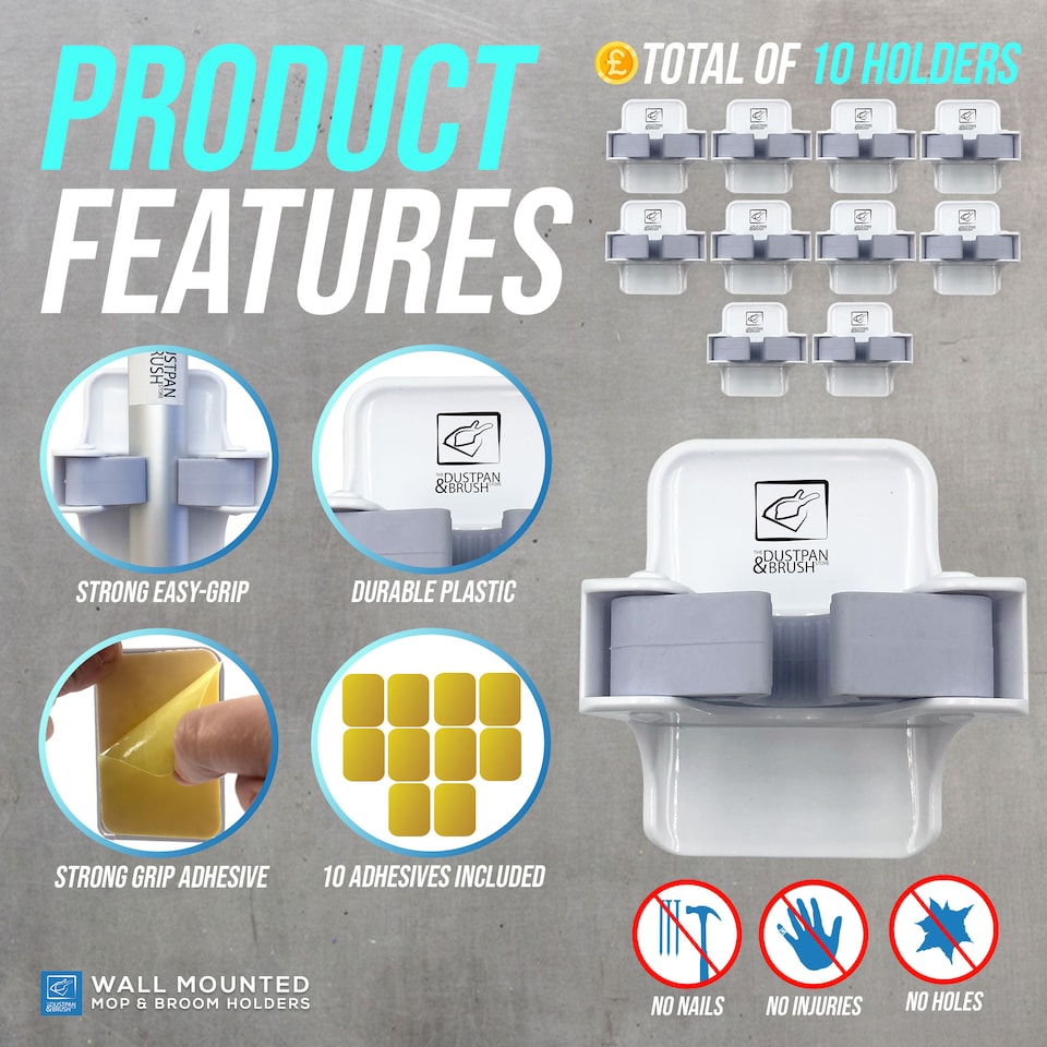 image 1 of Mop & Broom Holder Wall Mounted Grippers Cleaning Tool Storage - Pack of 5 (10 Holders)