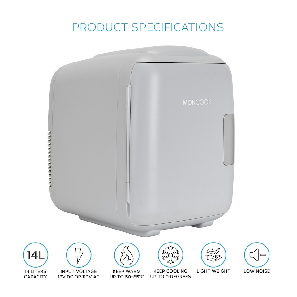 image 1 of MONCOOK Mini Fridge For Bedrooms - Small, Portable & Quiet Mini Fridges For Skincare, Medicine, Food & Drinks - Cooling & Warming Function - 14L - Grey Mono