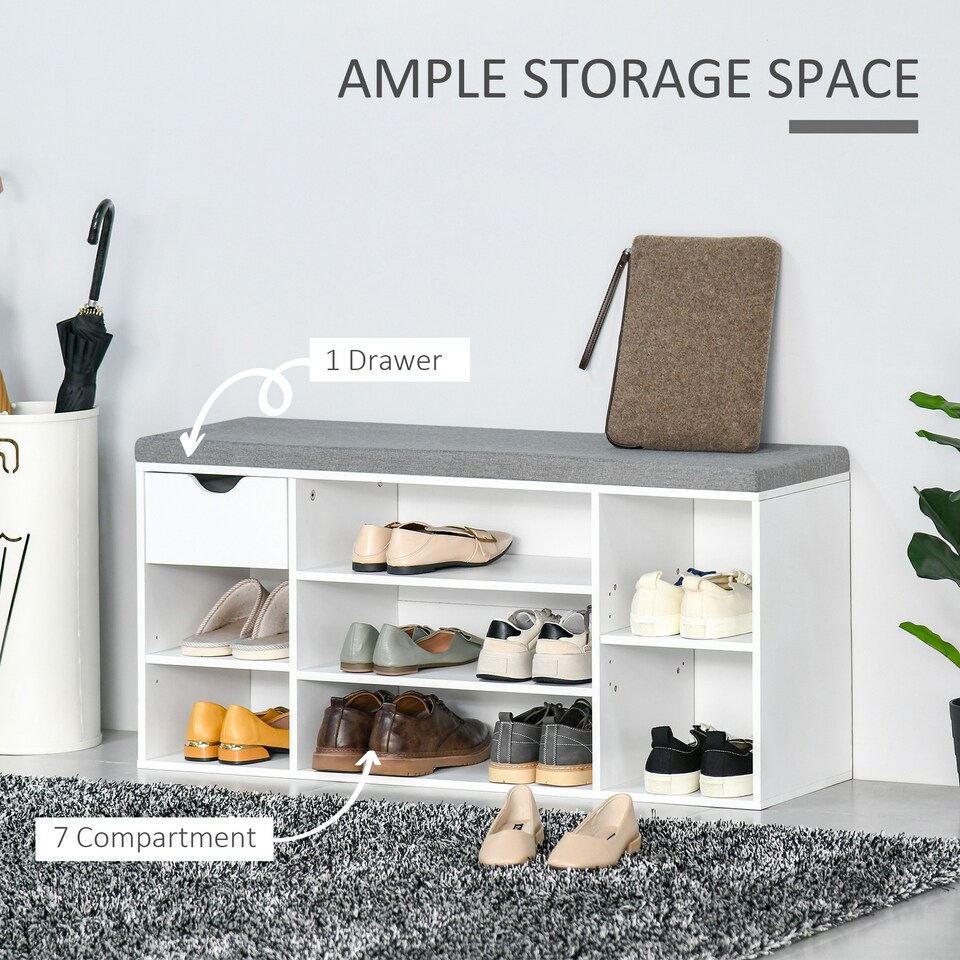image 1 of HOMCOM Shoe Storage Cabinet Bench w/ Cushion Adjustable Shelves White