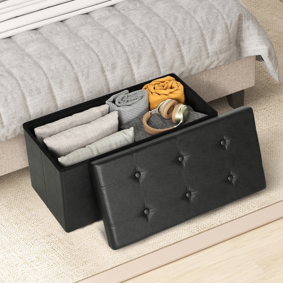 image 1 of HOMCOM Storage Ottoman Bench, 89L PU Leather Folding Foot Rest Stool, End of Bed Bench, Easy Assembly, for Living Room, Bedroom, Entryway, Black | Black