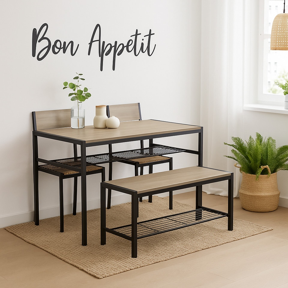 image 1 of 4 Pcs Set Dining Room Table Metal Frame with 2 Matching Chairs and Bench Kitchen | Multi | Oak