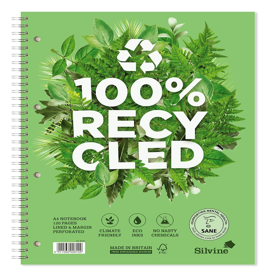 image 1 of Silvine A4+ Premium Recycled Wirebound Notebook, Lined with margin, 120 pages of 100% Recycled Paper. Ref R102 [Pack of 5], White