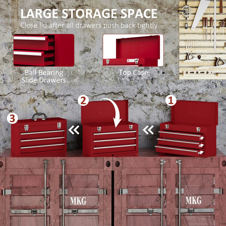 image 1 of DURHAND Lockable 3 Drawer Tool Chest with Ball Bearing Slide Drawers Red | Red | 51L x 22W x 32H cm | 1