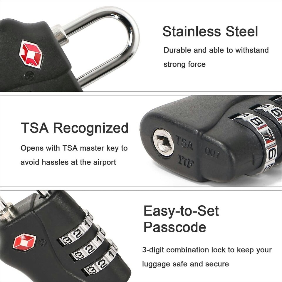 image 1 of TSA Approved Black 3 Combination Travel Suitcase Luggage Padlock Black