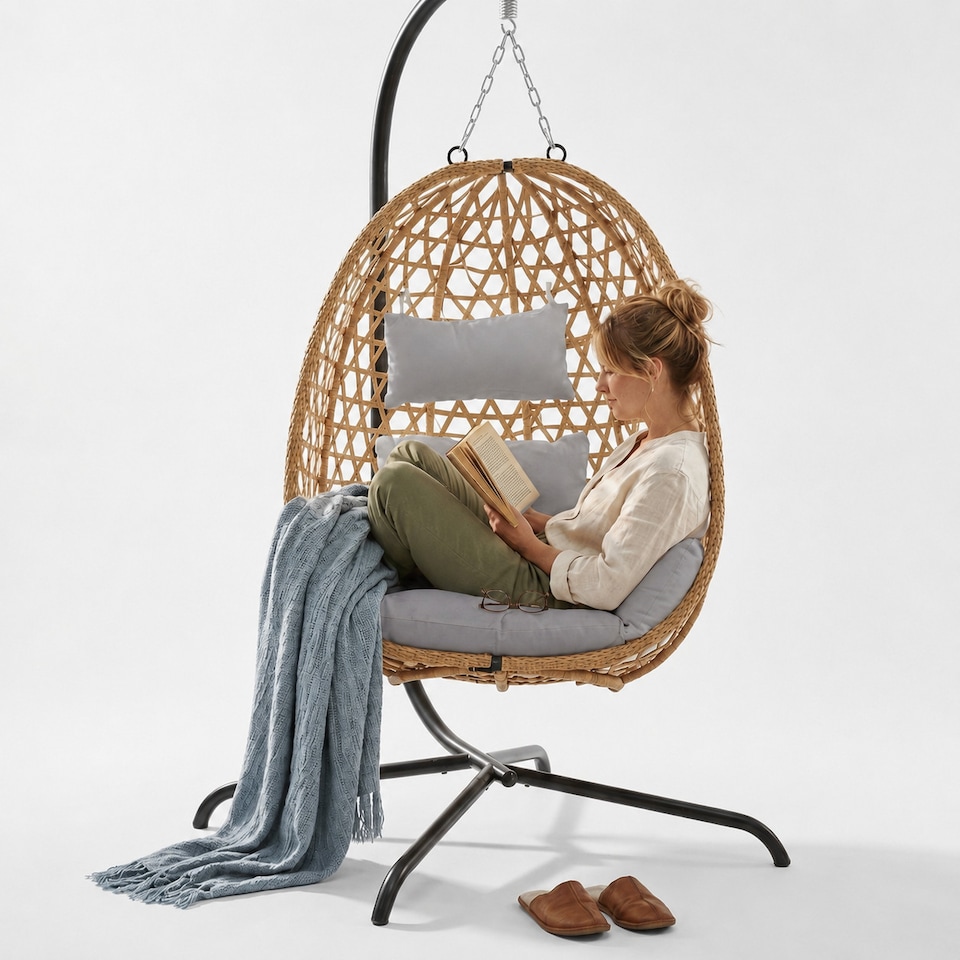image 1 of URBNLIVING Rattan Hanging Egg Chair With Stand Indoor Outdoor