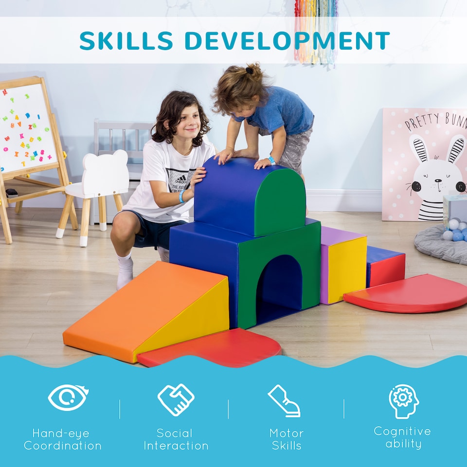 image 1 of HOMCOM 7 Pieces Kids Foam Soft Play Set Toddler Indoor Climbers Play Structures