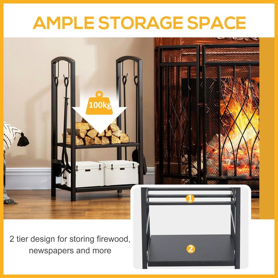 image 1 of Outsunny Firewood Rack Log Holder Wood Storage with Hooks 4 Tools Black